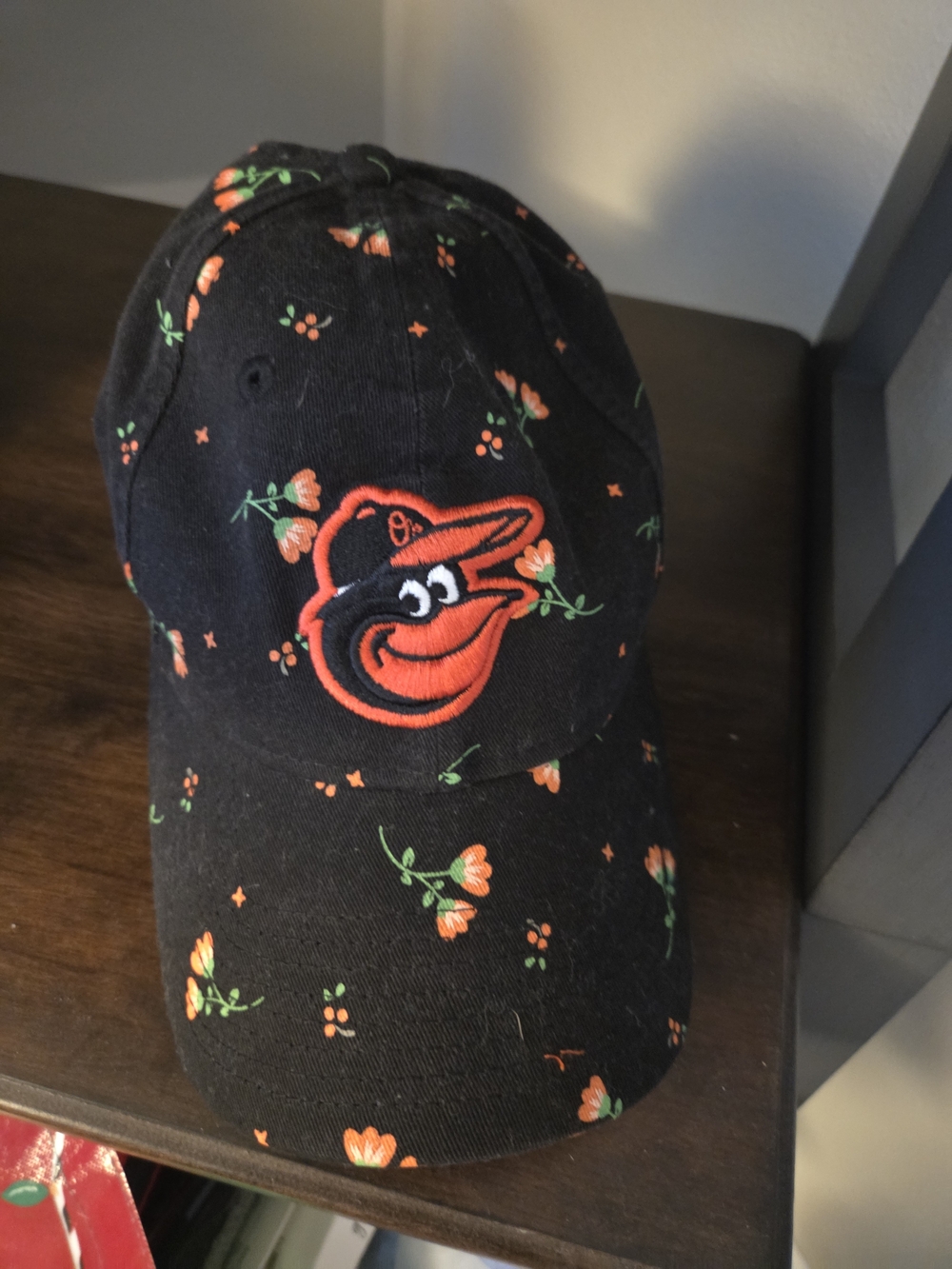 Kids Floral Embroidered Baseball Cap - Black with Orange